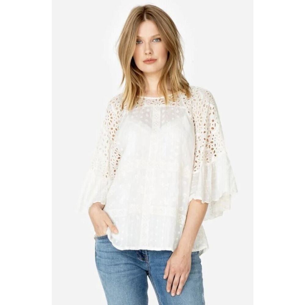 JOHNNY WAS Bell Sleeve Eyelet Embroidered Blouse Top Anthropologie XS NWT $320